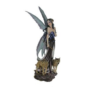 Blue Fairy In Long Dress Walking with Twin Wolves Statue